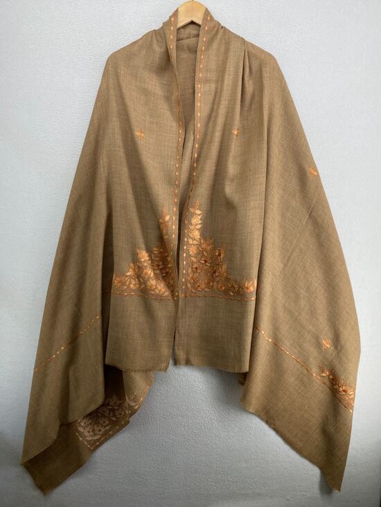 Unbranded Accessories - Wool Scarf Shawl Kashmiri Wrap Embroidered Floral Oversized Fringe Camel Brown